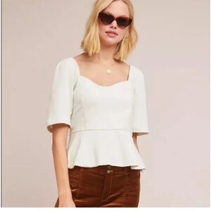 Porridge by Anthropologie Ivory Puff Sleeve Sweetheart Neckline Peplum Top Sz M